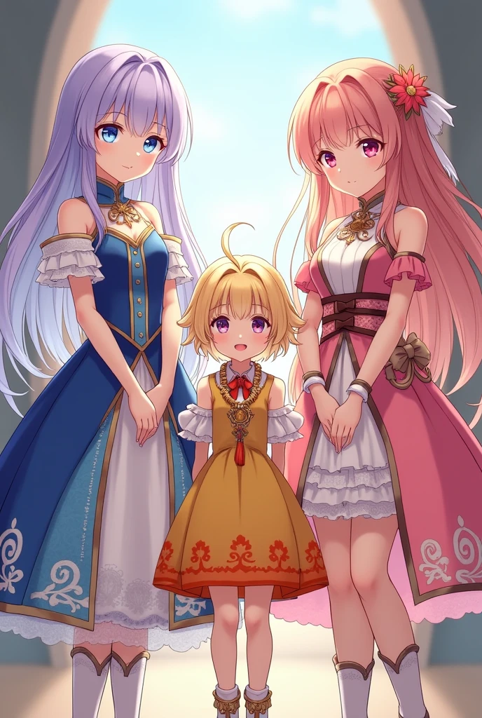 3 beautiful young girls the first girl with long lavender hair with bangs with light blue eyes in a gorgeous blue and white dress with detailed sleeves showing shoulder and short socks up to the ankles. The second girl with short sun yellow hair with bangs and a yellow and orange dress with a big gold necklace is the happiest and the third has long hair( Wavy) with strawberry pink hair with dull pink eyes in a bright and light pink dress with white with a bow at the waist long socks ( They are all )They all have the same height, medieval anime era ( the dresses are like the gemshin impact game) In the picture they have to come out whole from head to toe. They are still in the photo dressed in different clothes.