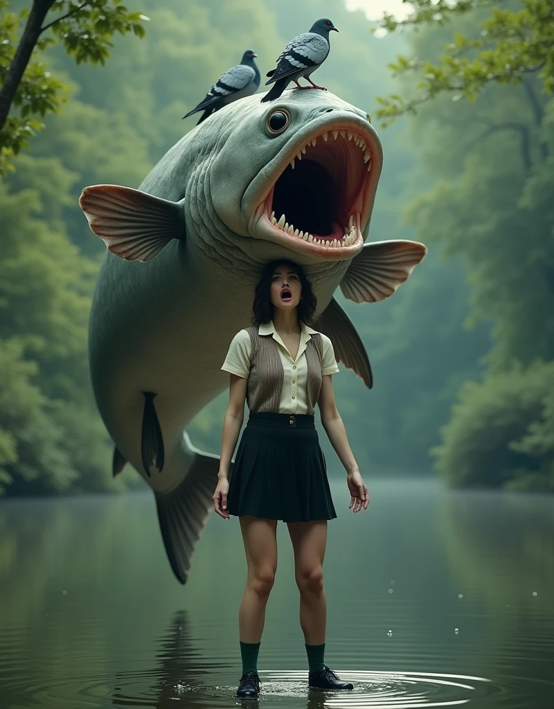 ((Highest quality)), ((masterpiece)), (forest pond), (Woman with pigeons on her head), Giant catfish eating pigeon woman in the mouth, Pigeon woman is frightened, A female pigeon with her mouth wide open is wearing an off-white collared short-sleeved shirt, a light brown vest, a knee-length black skirt, dark green socks and black shoes., Muscular pigeon woman, Photorealistic images,