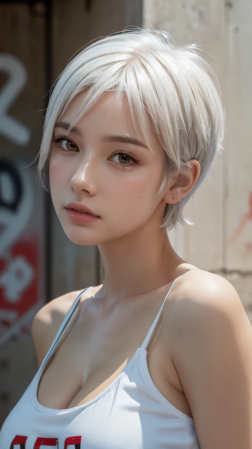 masterpiece, Highest quality, Very detailed, 8k, Realistic, One Girl, alone, Tomboy, Very detailed face, (head shot:1.5), Standing in front of a wall covered in hip hop graffiti, Pixie cut white hair, He is wearing a short tank top,I can see your chest,Nice ass,