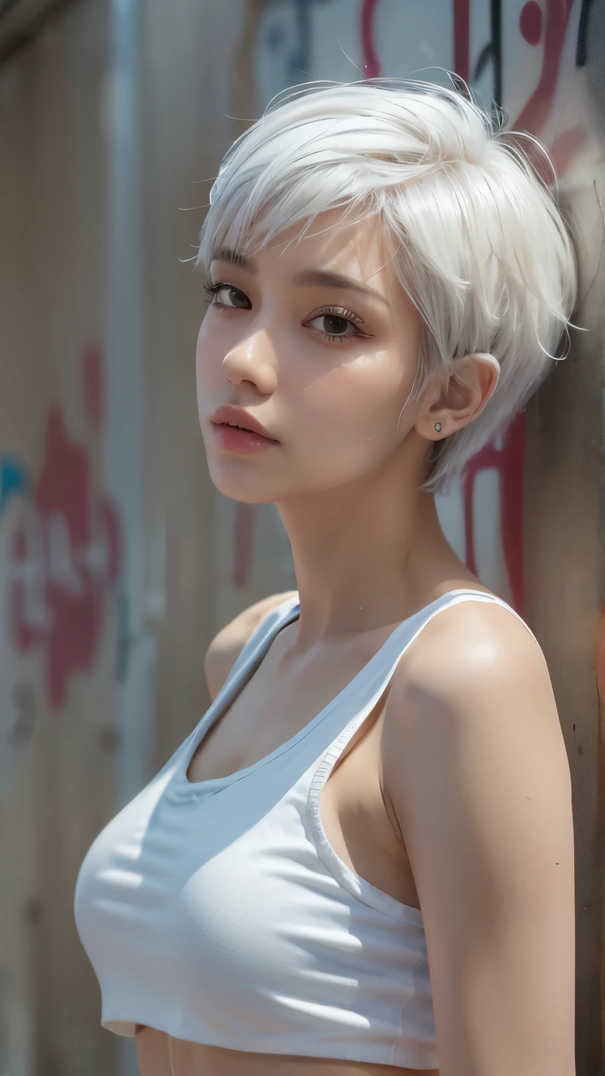 masterpiece, Highest quality, Very detailed, 8k, Realistic, One Girl, alone, Tomboy, Very detailed face, (head shot:1.5), Standing in front of a wall covered in hip hop graffiti, Pixie cut white hair, He is wearing a short tank top,I can see your chest,Nice ass,
