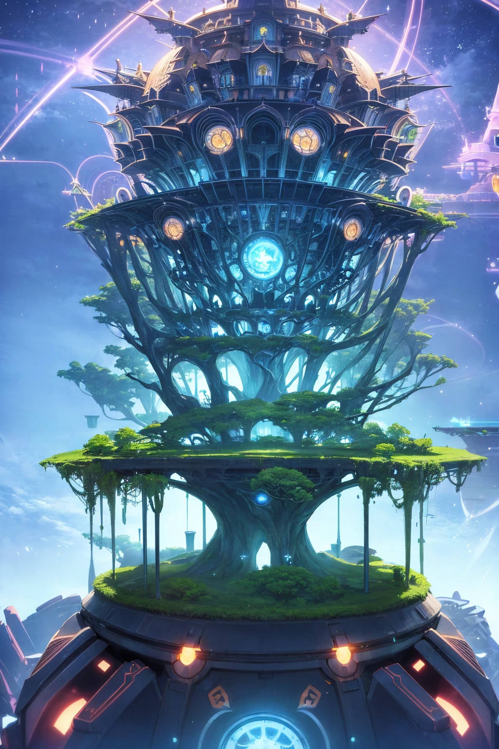 Sinister futuristic floating island suspended in the air, cities, fantasy, (villain hideout), (kawaii), cute, cute, anime style, technological, dark, funny, magical plant growth, extreme details, realistic light, blue sky, epic composition, (complex details), (complex design, ultra-details: 1.2), Art Station, (masterpiece, best quality), Ultra HD, 32k --v 6