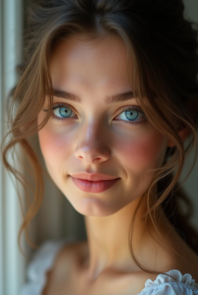 Une jeune fille de 24 ans avec les yeux bleu manifique et mignonne canonne portrait