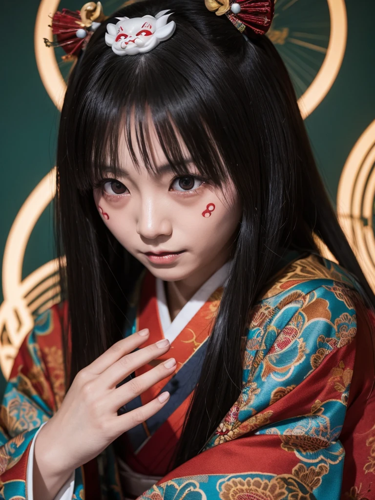 Japanese Yokai、Horror images、A woman's head flying in the air、Long black hair、With bangs、have an angry face with teeth bared、A head flying through the air and attacking people、Beautiful face、Japanese women、