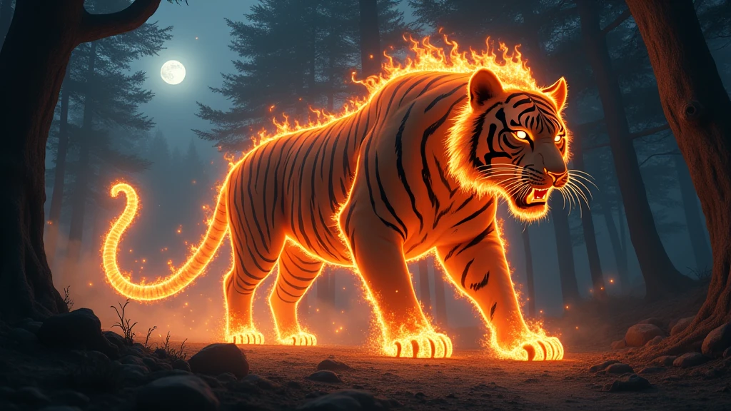 Big monster tiger with fire on the body walking in the forest at night 8k