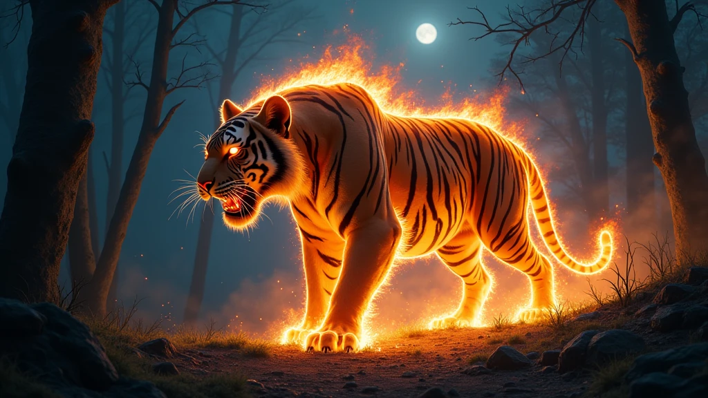 Big monster tiger with fire on the body walking in the forest at night 8k  