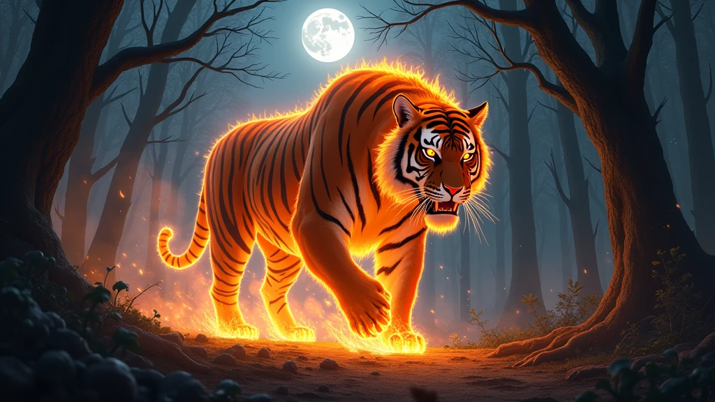 Big monster tiger with fire on the body walking in the forest at night 8k  