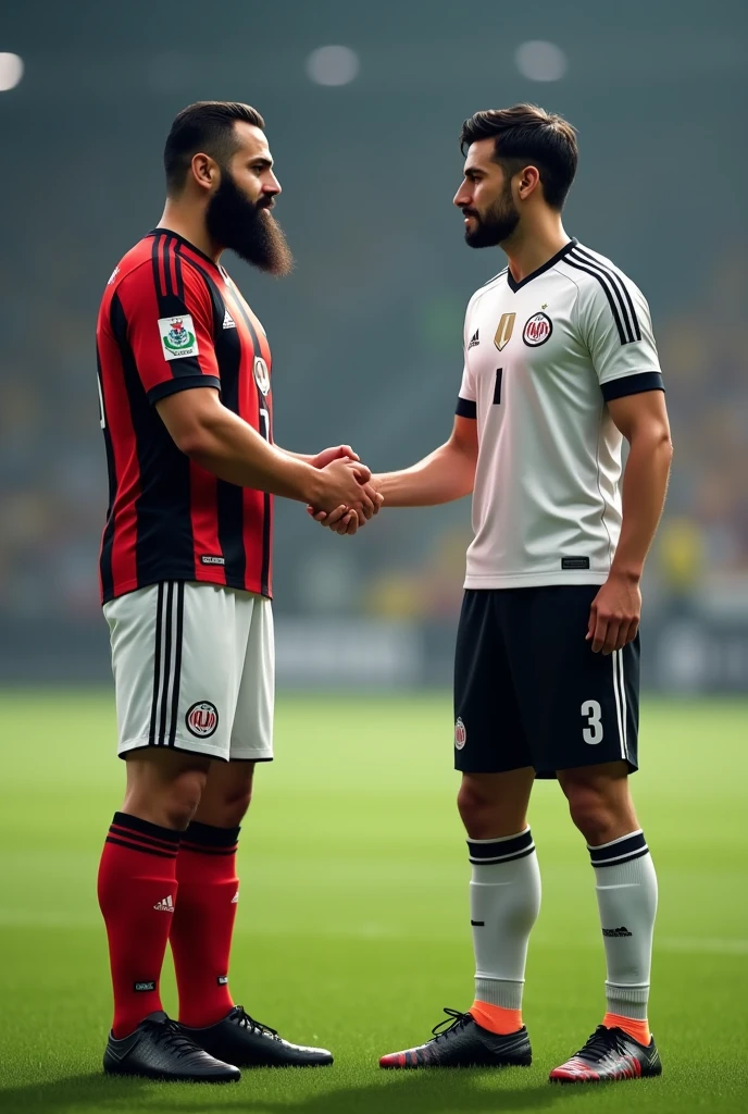 Iranian football player strong hairy bearded full beard, Red and black striped shirt, white underwear and red socks and black boots, side by side shaking hands with a football player wearing the Corinthians uniform wearing a white shirt with black stripes on the shoulders, the club's crest on the chest, black shorts and white socks with black details.