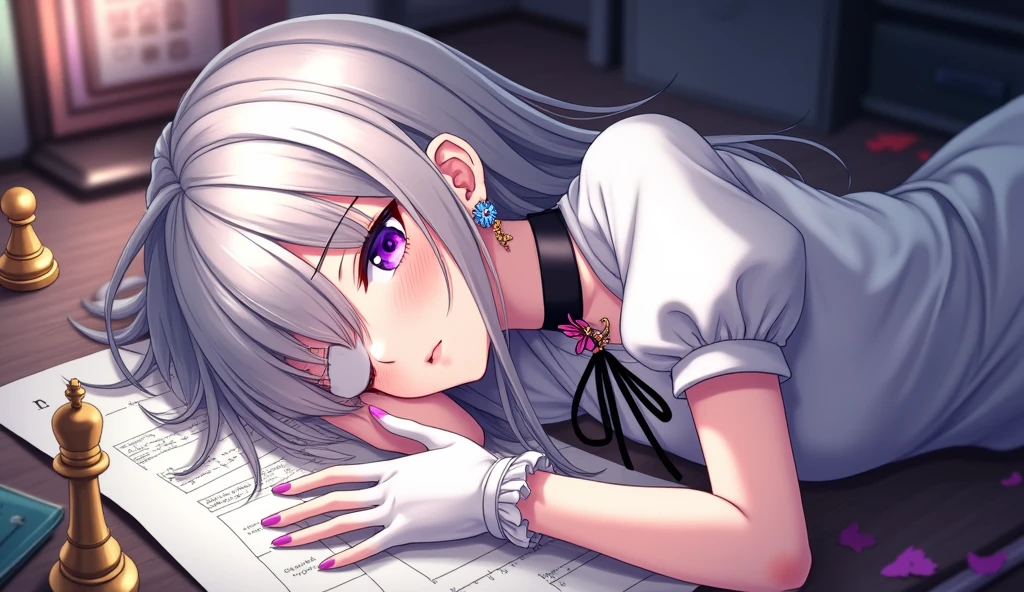 1girl, extreme detailed, Very detailed, colorful, highest detailed, masterpiece, best quality, highres, 8k, highly detailed face, Eve\(path_to_nowhere\), sleeping, (sleeping on desk:1.4), on stomach, desk, blueprint, toy, from above, grey hair, cleavage, parted bangs, very long hair, hair over one eye, one eye covered, x hair ornament, mole under eye, purple eyes, choker, black neckwear, neck ribbon, flower earrings, single earring, white blouse, puffy sleeves, short sleeves, white gloves, frilled gloves, wrist cuffs, butterfly ornament, queen chess piece in the hand