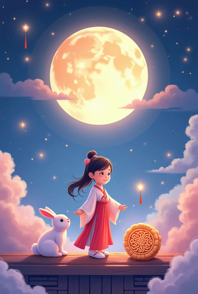 Vector illustration style,Hyperreal space,Abstract,Mid-Autumn Festival,1 cute girl wearing Hanfu,Moonlight,Clothes feel soft and warm。.,背景中有一轮bright月亮在轻轻地舞蹈,Surrounded by the tranquil night sky and hazy clouds,还有闪闪发光的Star,A big round moon cake,Looks sweet and delicious,Next to it is a cute rabbit,Fluffy love heart,Fluffy clouds,Star,Ancient palace,laurel,Osmanthus fragrans,In a dream,A vibrant and fun way to stage,blue, Purple and pink shades,bright,Art