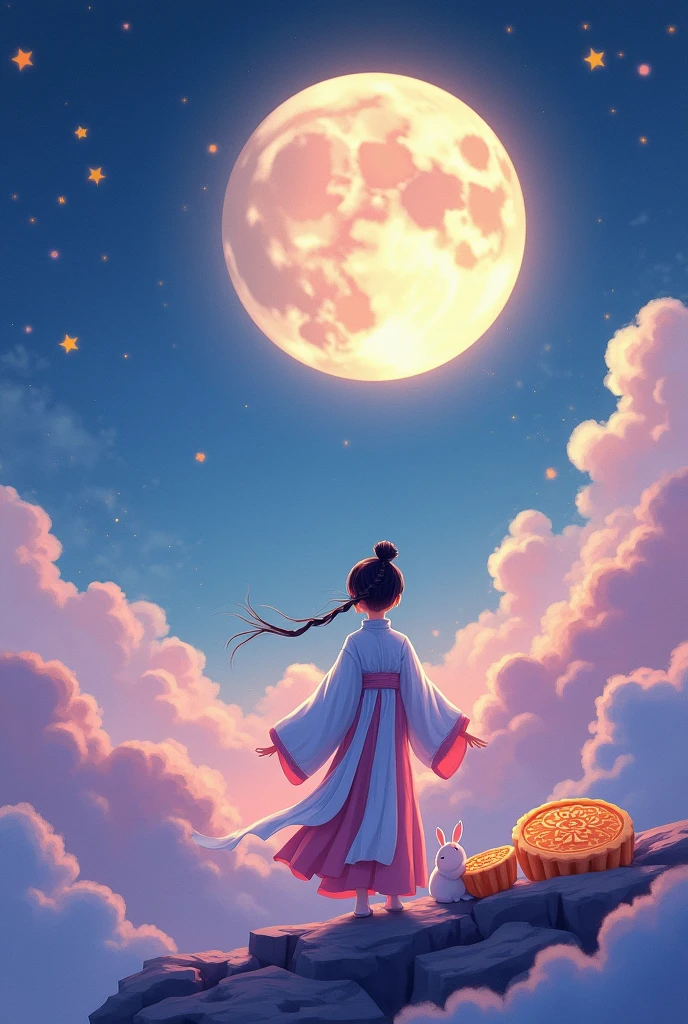 Vector illustration style,Hyperreal space,Abstract,Mid-Autumn Festival,1 cute girl wearing Hanfu,Moonlight,Clothes feel soft and warm。.,背景中有一轮bright月亮在轻轻地舞蹈,Surrounded by the tranquil night sky and hazy clouds,还有闪闪发光的Star,A big round moon cake,Looks sweet and delicious,Next to it is a cute rabbit,Fluffy love heart,Fluffy clouds,Star,Ancient palace,laurel,Osmanthus fragrans,In a dream,A vibrant and fun way to stage,blue, Purple and pink shades,bright,Art