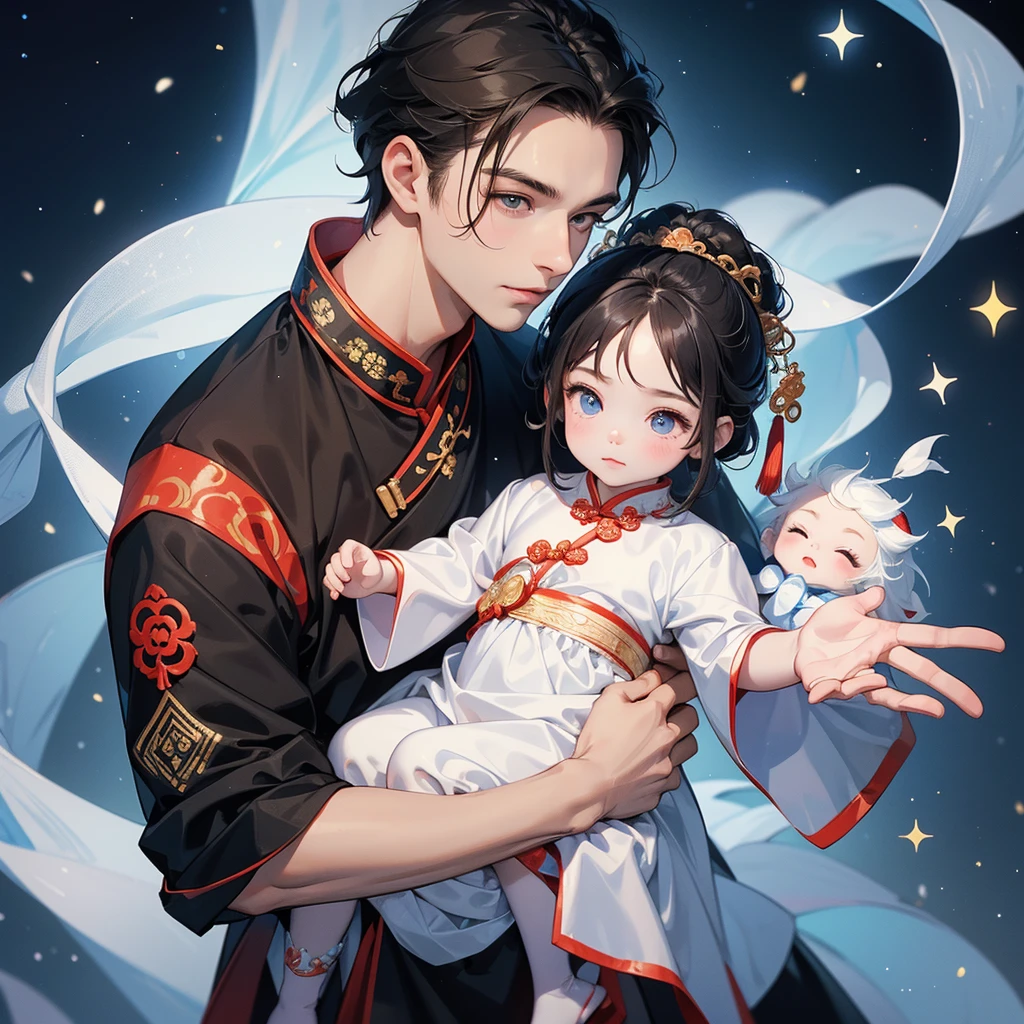 A one-year-old baby boy in an ancient Chinese baby costume with his beautiful mother, dressed in an white ancient Chinese costume, playing with each other, with his handsome father standing next to his mother, close up.
Background is a dark night, with moonlight and millions of stars, twinkling everywhere, with blue light.