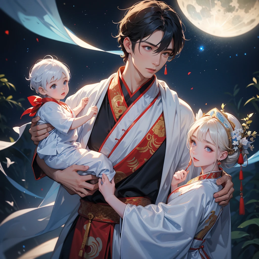 A one-year-old baby boy in an ancient Chinese baby costume with his beautiful mother, dressed in an white ancient Chinese costume, playing with each other, with his handsome father standing next to his mother, close up.
Background is a dark night, with moonlight and millions of stars, twinkling everywhere, with blue light.