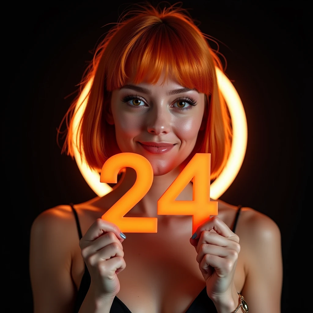 fashionable cheerful girl, professional, portrait photography, the face looks straight ahead, studio light from above and backlight from behind the head, cute girl, there is a very nice smile on the face, very detailed, beautiful detailed face, orange hair bob hairstyle, holds in his hands large voluminous matte plastic numbers 24 --Detailing, whole body, a lot of femininity, Tempting, Dazzling, Black background, Backlight, installed behind the model, illuminates the back of the head and creates a frame around the head, highlighting the silhouette of the poser against the background