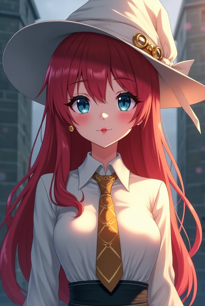 You can create a Harry Potter Magic aweekend girl in which you show a fifth year howarts girl, navy blue eyes, a white tunic with gold and elegant tie, hat tilted halfway white, Red lips, redhead, you are elegant, With anime style, a little mature and elegant and from the house of haffulpuf