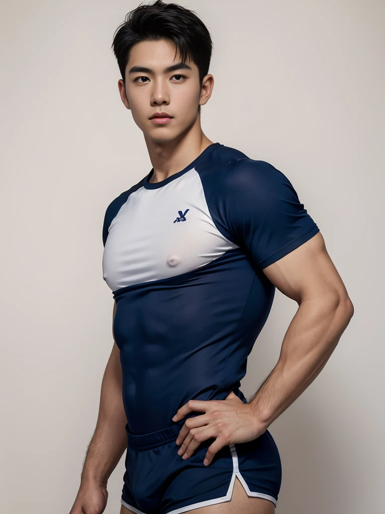 1 Handsome  naked Japanese guy ，Sexy pose, A 20 year-old man wearing a Bare chest shirt and Excellent shorts stands against a white background, navy Blue, navy Blue, Sports T-shirt, Blue, Excellent Sportswear, Gorgeous and sexy clothes, Sportswear, Short sleeve, Jinjinshen Blue clothes, Tall young man, Tennis suits, Wearing Sportswear, dark Blue decorative clothing，male，Bare chest,Full chest muscles，Swelling of chest muscles，Six-pack，Hips， Handsome，High，Muscles look good，hairy body，Sexy expression, Wheat complexion，black eyes（thin eyes 1：3），Full body image, Excellent, perfect dick shape, Perfect hand details,Detailed you, , Mostly juicy ass, The opening of your legs