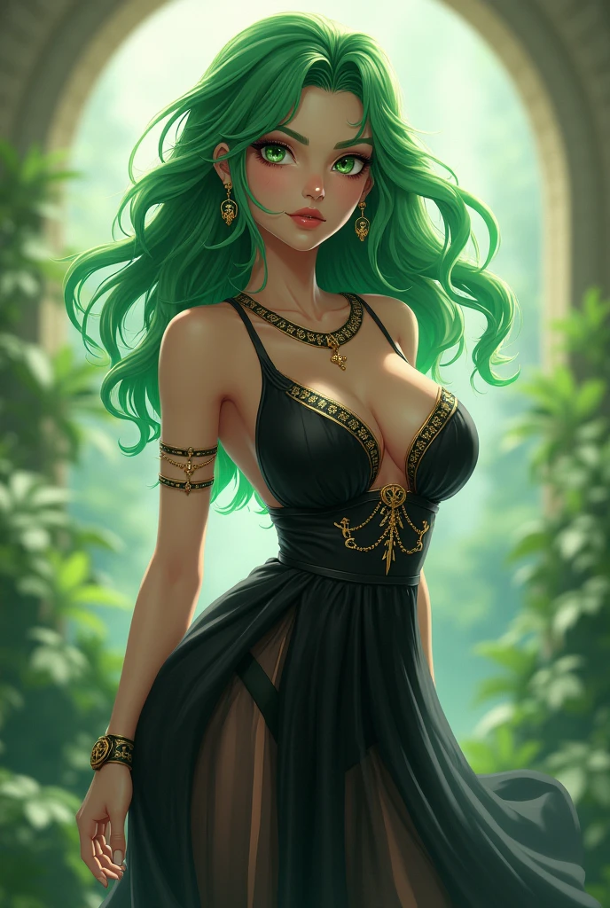 Beautiful adult woman with green hair and green eyes with perfect curvy anatomy, Black Ancient Greek clothing with anime style