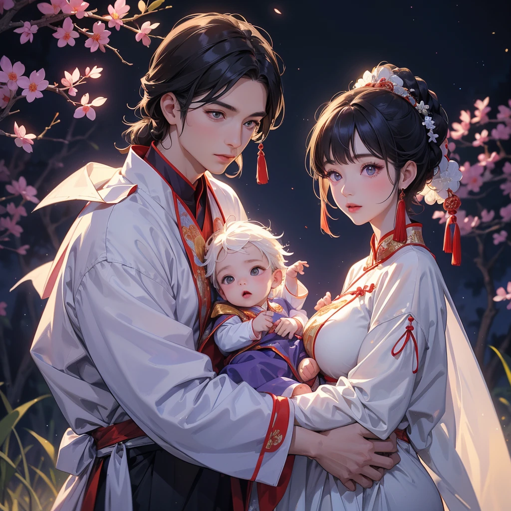 A one-year-old baby boy in an ancient Chinese baby costume with his beautiful mother, dressed in an white ancient Chinese costume, playing with each other, with his handsome father standing next to his mother, close up.
Background is a dark moonless night, with dry trees in the background, and purple glowing light