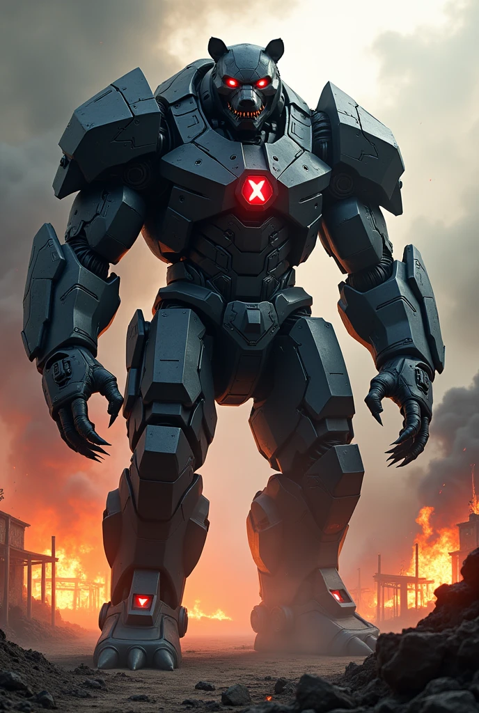 A big and muscular Armor machine style Iron man with URSA form and black body with the red eyes, claws in arms, Village scenery in flames.