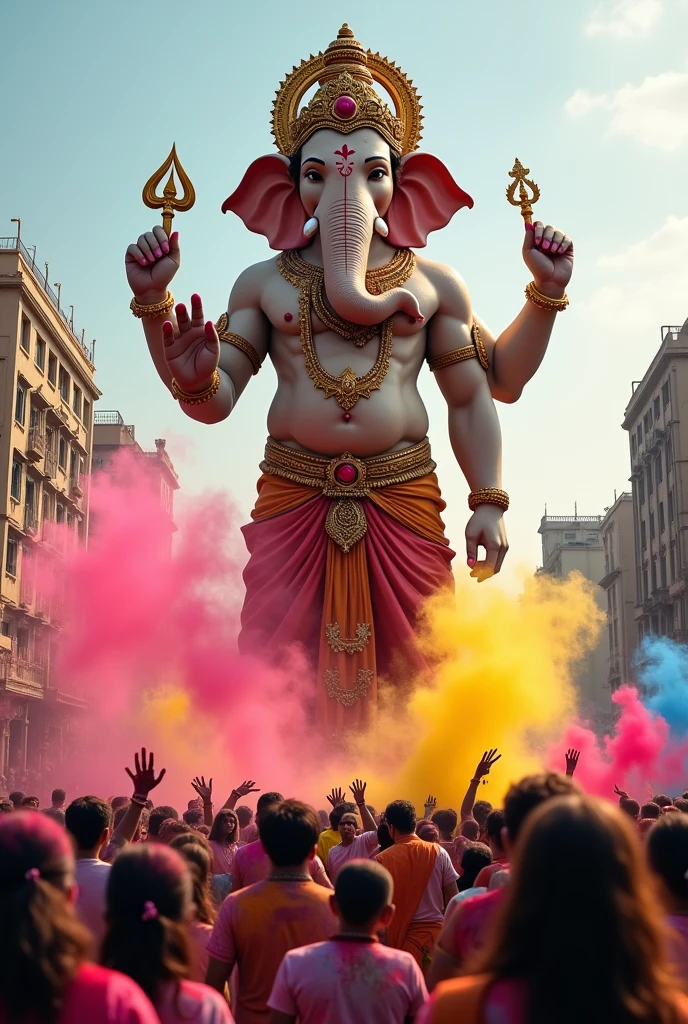 A big statue of God ganesha and all the people through the color on other person, a celebration moment. 