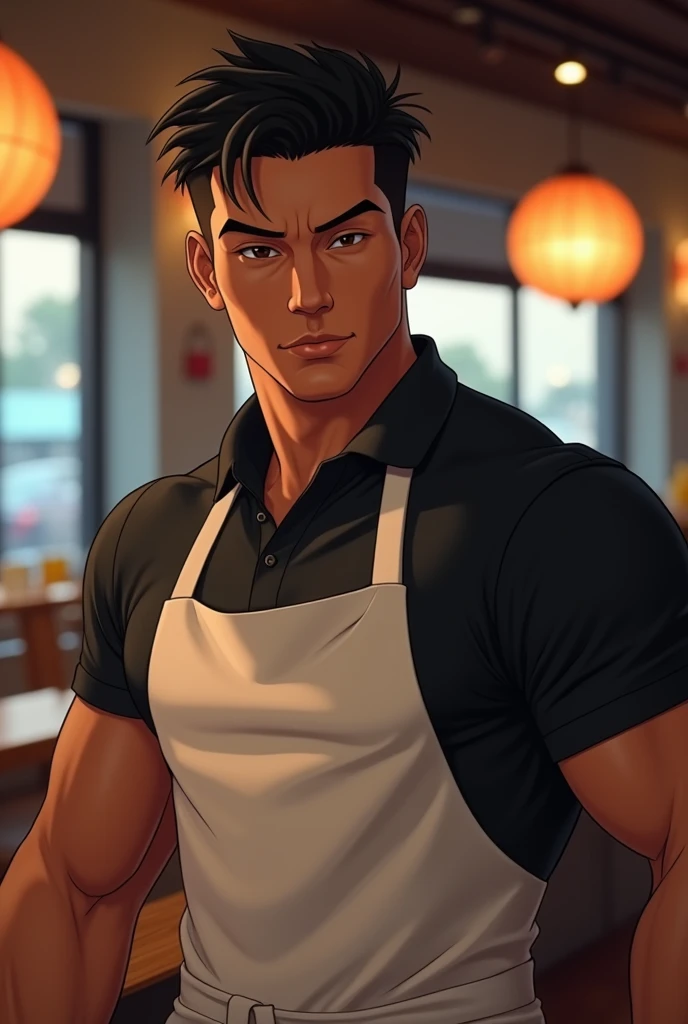 homem de 30 anos com fully body parrudo atlético e bem definido, broad shoulders and a slight bulge in the lower area through the white apron, underneath black polo. Your face is a little Latin Asian, goatee, must have a strong jaw, Straight Nose, and a gentle and seductive look. The hair is black, straight and short spiky, and the eyes are dark and deep. realistic lighting, Dynamic angle, 真实感, best qualityer, fully body. sushi bar restaurant atmosphere, is working