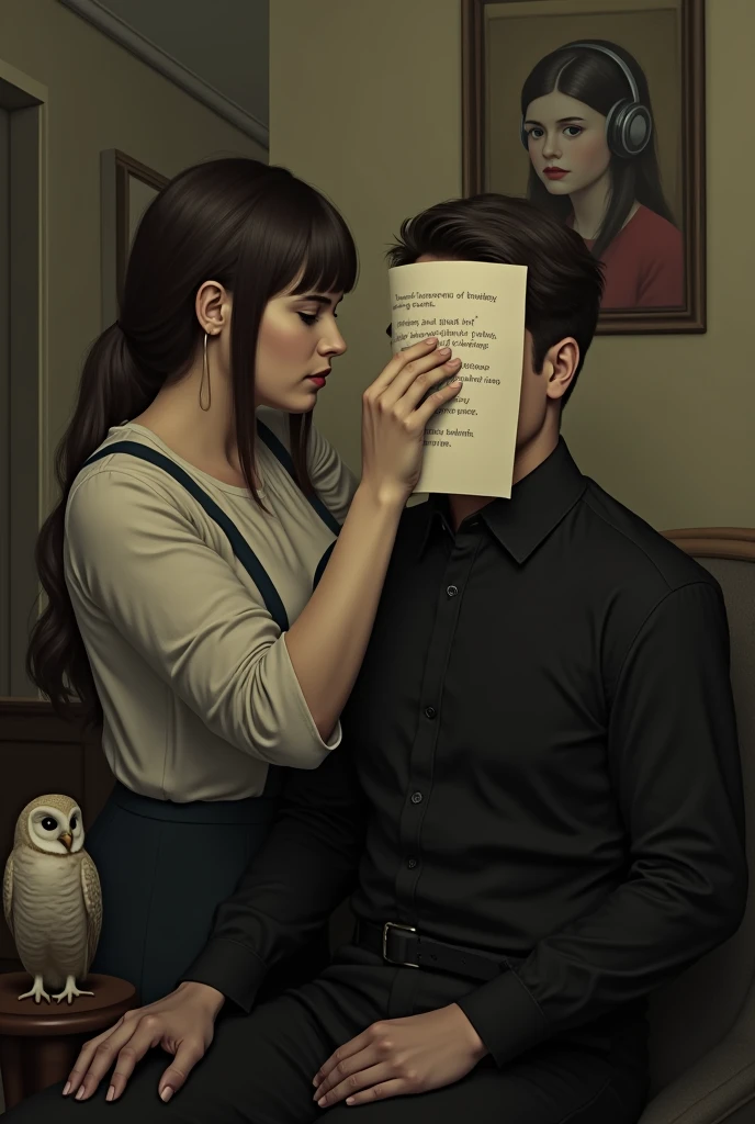 the woman covered the man's face with a sheet of paper. There is printed text on the sheet. Home environment. In the background, an owl sits on the back of a chair, and on the wall is a portrait of a girl wearing headphones.