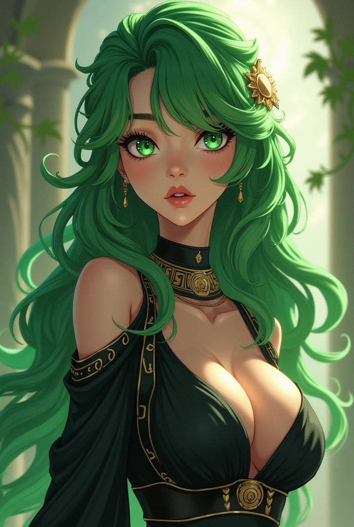 Beautiful adult woman with green hair and green eyes with perfect curvy anatomy, Black Ancient Greek Outfit in Anime Style 