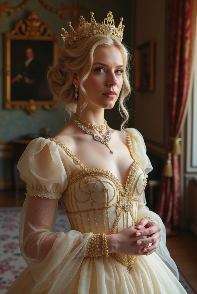 A blonde beauty who resembles Queen Elizabeth I、Her large breasts are faintly visible through her transparent Western-style clothing.。A view from a low angle inside the palace