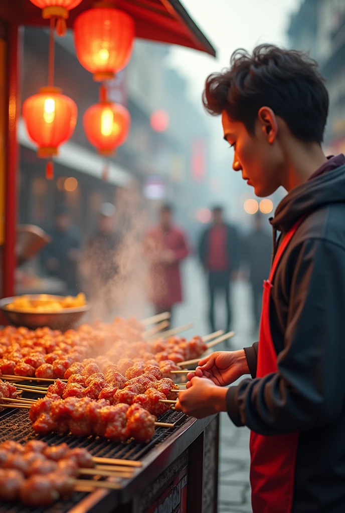 There was a person standing in front of a shop buying grilled pork skewers with flies buzzing around it.
