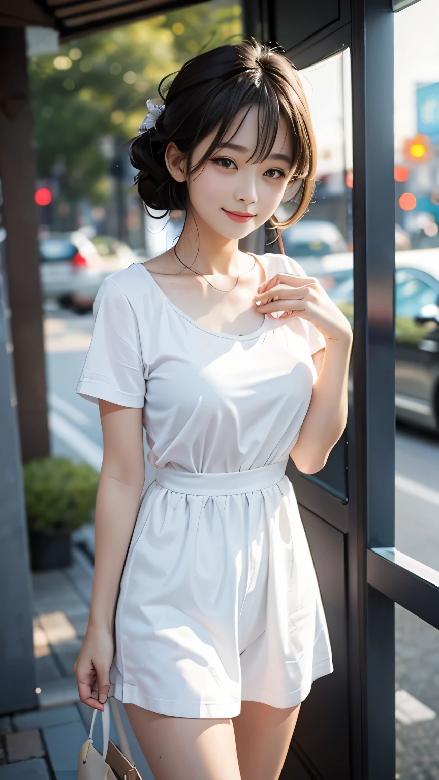 ((8K Highest Quality、​masterpiece、超A high resolution、photo-like))、beautiful japanese female、Elegance、There is a good、Gradient lighting、1girl in、Delicate skin、Look here、Brown-eyed、short hair with bangs、Photorealsitic、Raw photography、pureerosface、 Trimmed length、 Nurse Clothes，In the street，Watched by many