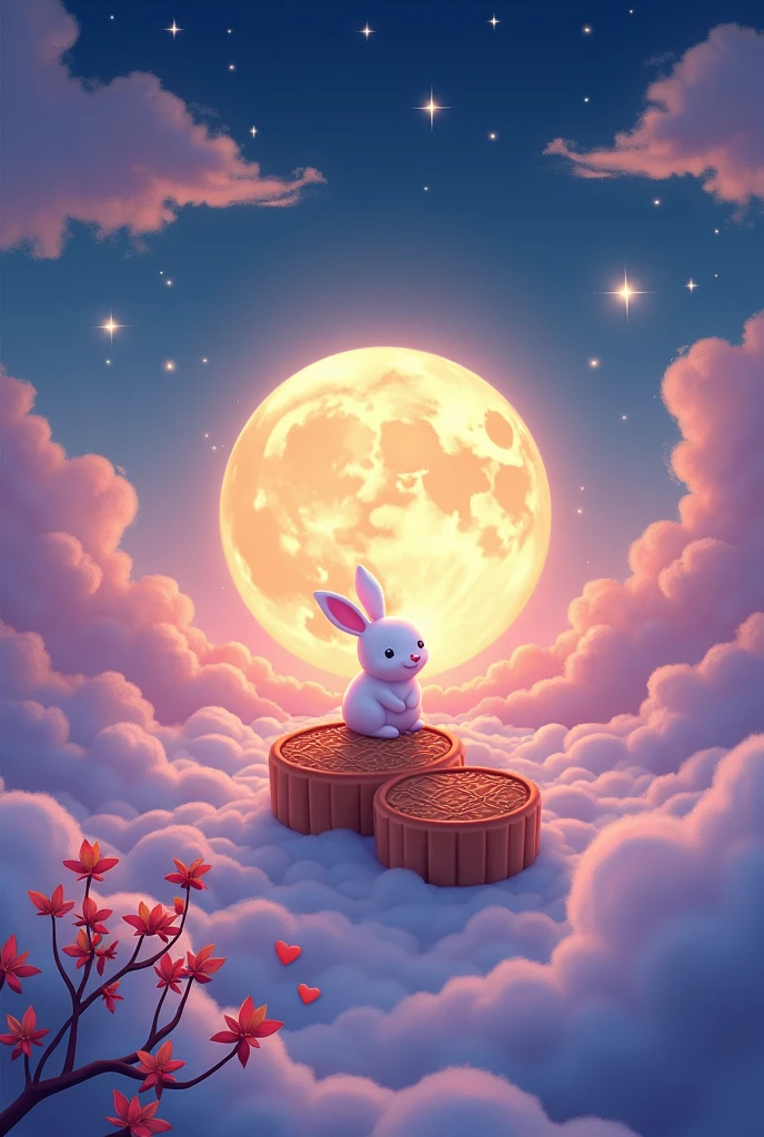 SeaArt AI - Vector illustration style by Vincent Lab,Hyperreal space,Abstract,Mid-Autumn Festival,背景中有一轮bright月亮在轻轻地舞蹈,Surrounded by the tranquil night sky and hazy clouds,还有闪闪发光的Star,A big round moon cake,Looks sweet and delicious,Next to it is a cute rabbit,Fluffy love heart,Fluffy clouds,Star,Ancient palace,laurel,Osmanthus fragrans,In a dream,A vibrant and fun way to stage,blue, Purple and pink shades,bright,Art
