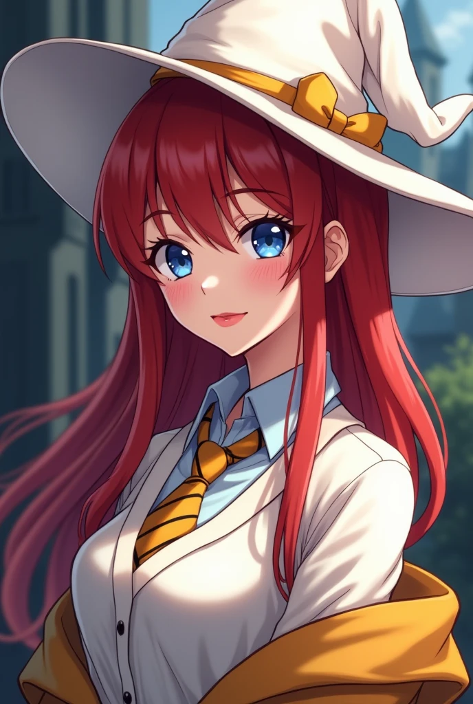 You can create a Harry Potter Magic aweekend girl in which you show a  howarts girl, navy blue eyes, a white tunic with gold and elegant tie, hat tilted halfway white, Red lips, redhead, you are elegant, With anime style, a little mature and elegant and from the house of haffulpuf