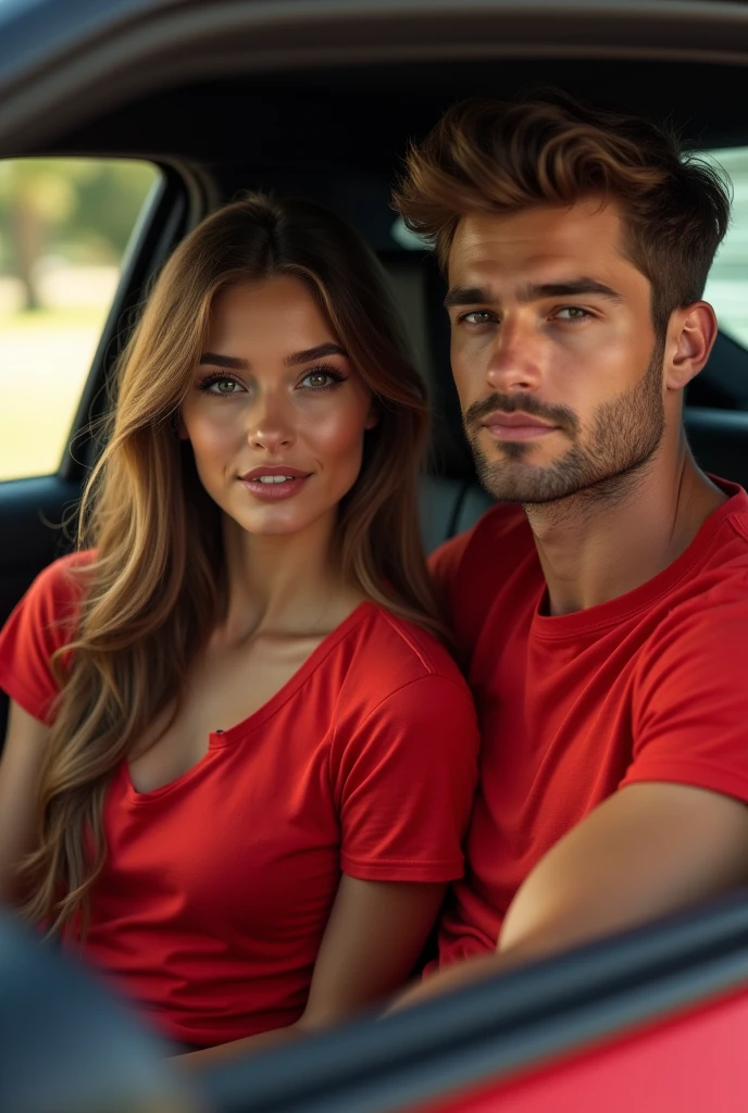 A beutiful girl Jean's red t shirt wearing at car with side sitting handsome boy realistic beautiful woman sharp eye long hair