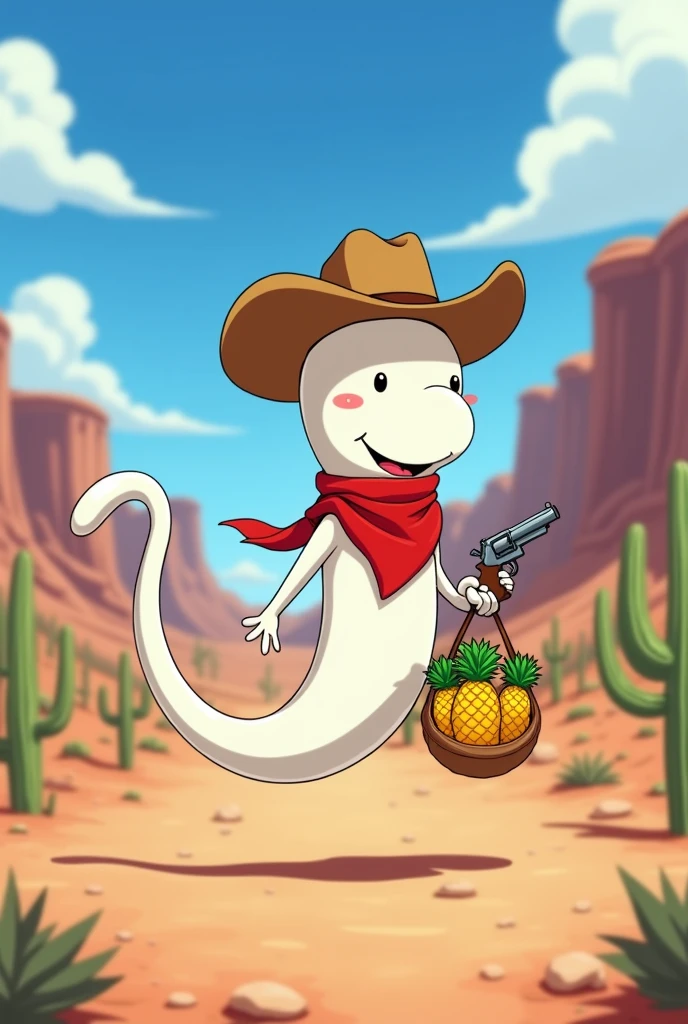 Create an animated white sperm. He has no legs, It only has a long white tail. Wearing a cowboy hat and a red bandana around his neck. In his hand he carries a condom as a gun and a bag full of pineapples. The setting is the typical desert of the old west. The anime animation style.