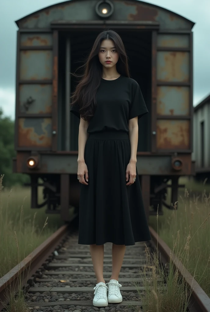 (photorealism:1.2), beautiful woman, cinematic (solo) a 3 asian woman with long hair, curvy body, wearing a plain black t-shirt, a plain black 7/8 length skirt, white newbalance shoes, standing in front of an old rusty abandoned train door, with an old abandoned station, tall grass, and dark clouds in the background