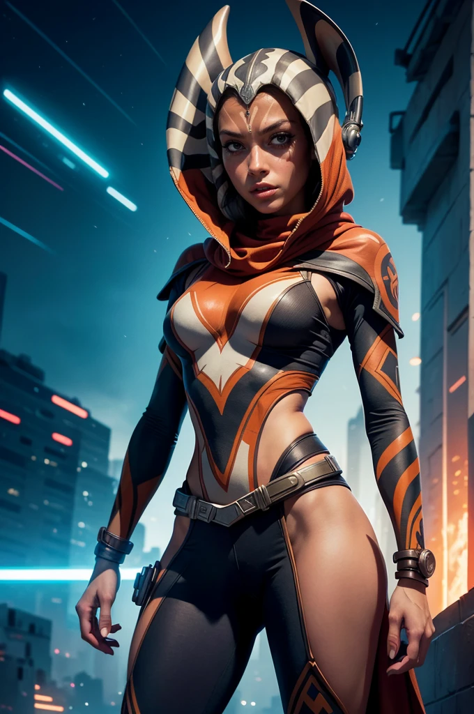 ahsoka tanoin a hoodedie stands in front of a city, portrait of ahsoka tano, stylized urban fantasy artwork, avatar image, jen bartel, ahsoka tano, painted in the style arcane, epic digital art illustration, artgerm and atey ghailan, digital 2d fantasy art, detailed 2d illustration
