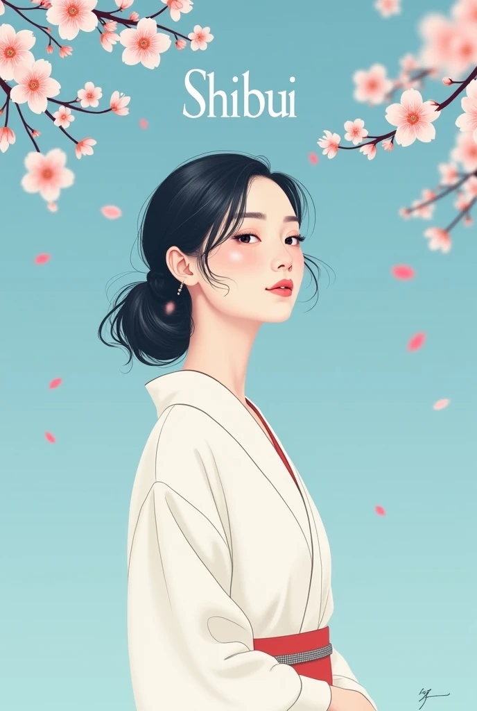 Poster with is shibui, spoken and written font style. The main character is a real 2 woman with a beautiful, slender face. Conveying the beauty and feeling of Japan with a little cherry blossom. Minimalist design, blue tone, Japanese. The poster itself only has the word ”shibui“ mentioned above, no other words or sentences.