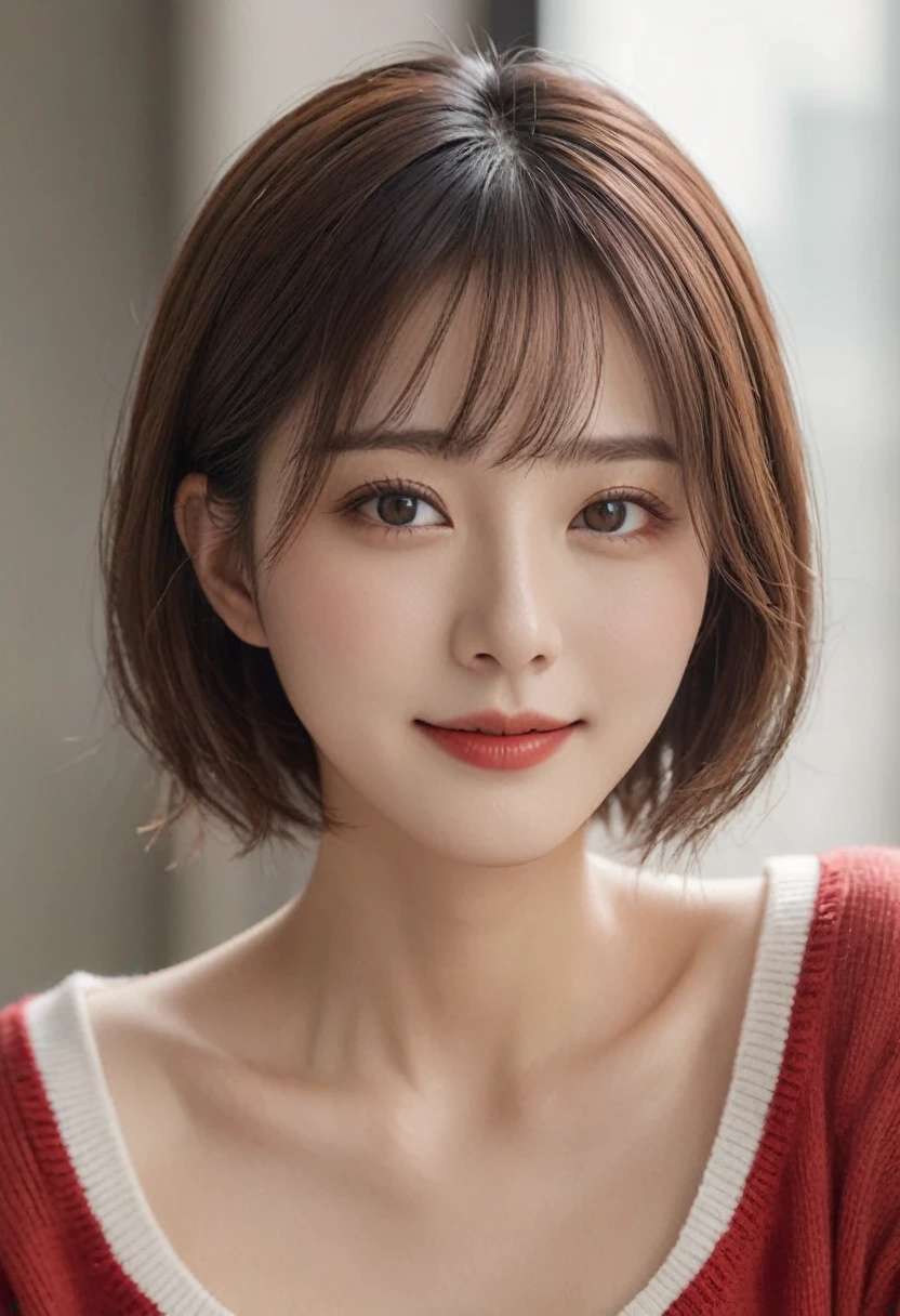 (masterpiece:1.3), (8k, Photorealistic, RAW Photos, Best image quality: 1.4), Japanese girl、(Random Hairstyles:1.2)、Cleavage:1.2、Super detailed face、Attention to detail,Wearing a red bikini,double eyelid、Put your chest together、Sharp focus:1.2、Beautiful woman:1.4、Light brown hair、Highest quality、masterpiece、Ultra-high resolution、(Photorealistic:1.4)、Highly detailed and professionally lit smile、Loose, lightweight knitwear、Shoulder out、thin、Serious expression、Short-haired、Deadly position