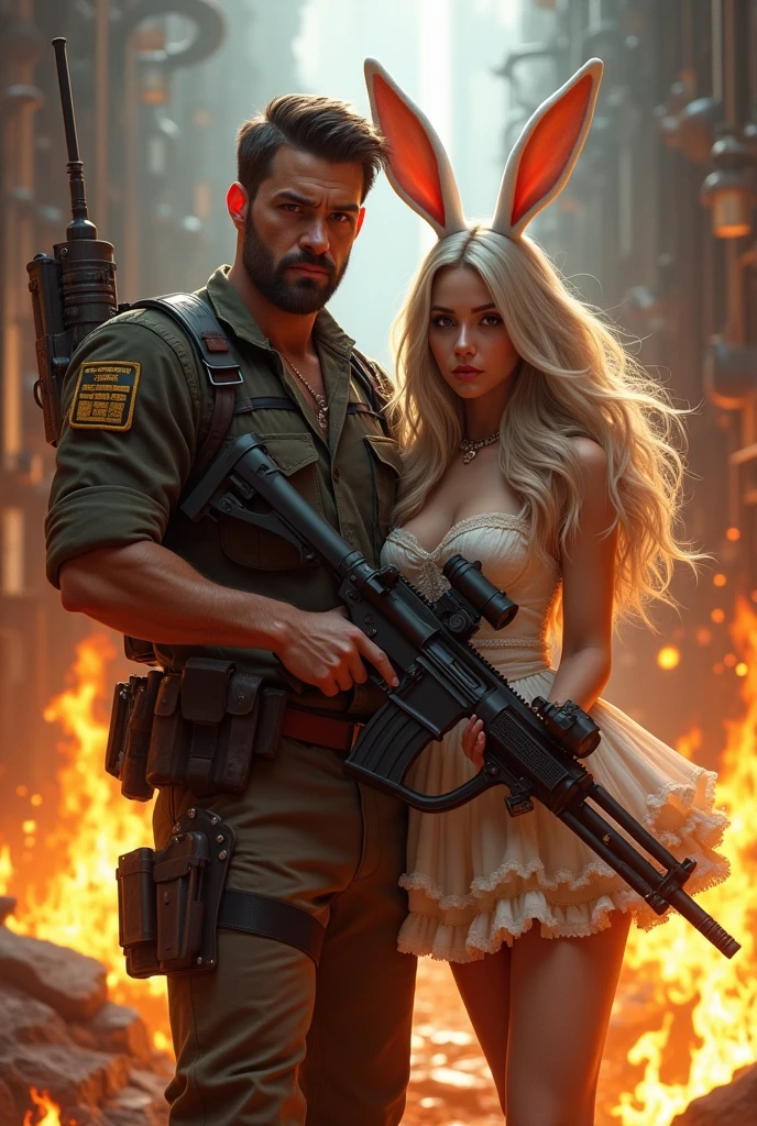 Man with a machine gun next to a bunny girl against the background of a fire in the steampunk style