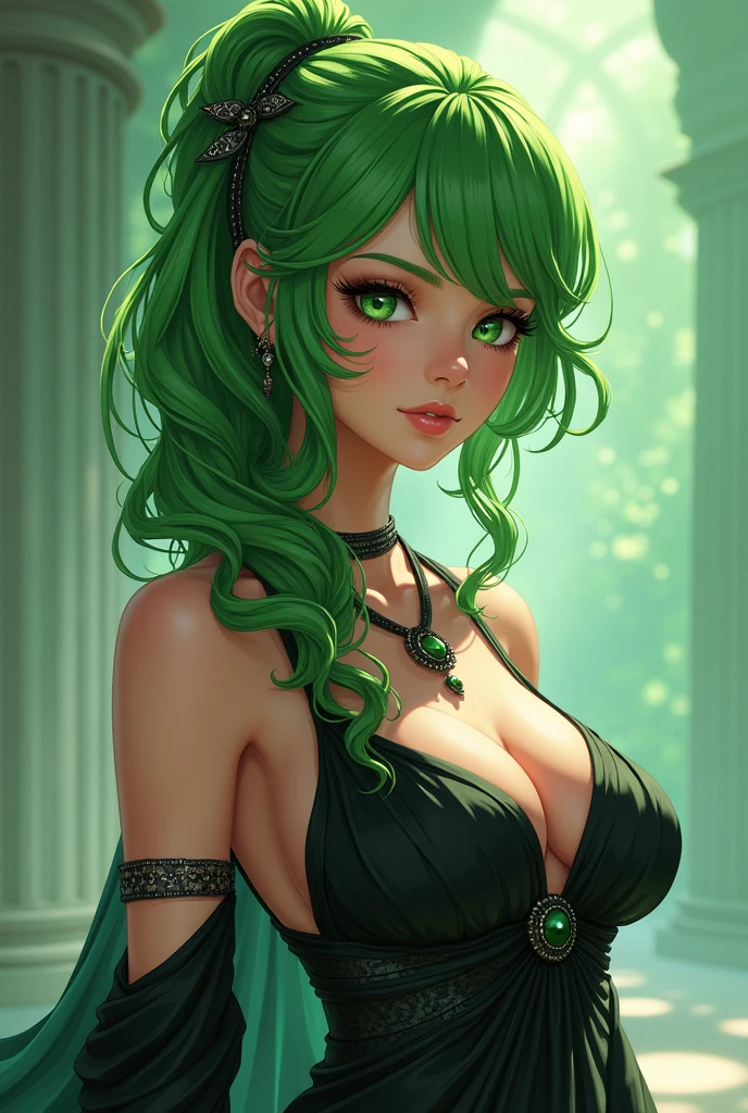 (Best quality,ultra detailed,photorealistic:1.37),Bright and rich colors,studio lighting,playful facial expression,stylish makeup, buttercup,green hair, fluttering in the wind,inviting eyes,glossy lips,sexy pose, I smile confidently and seductively,posing for a professional photo shoot,shallow depth of field,highlighting the main subject,soft natural light,Creating a dreamy and magical atmosphere.