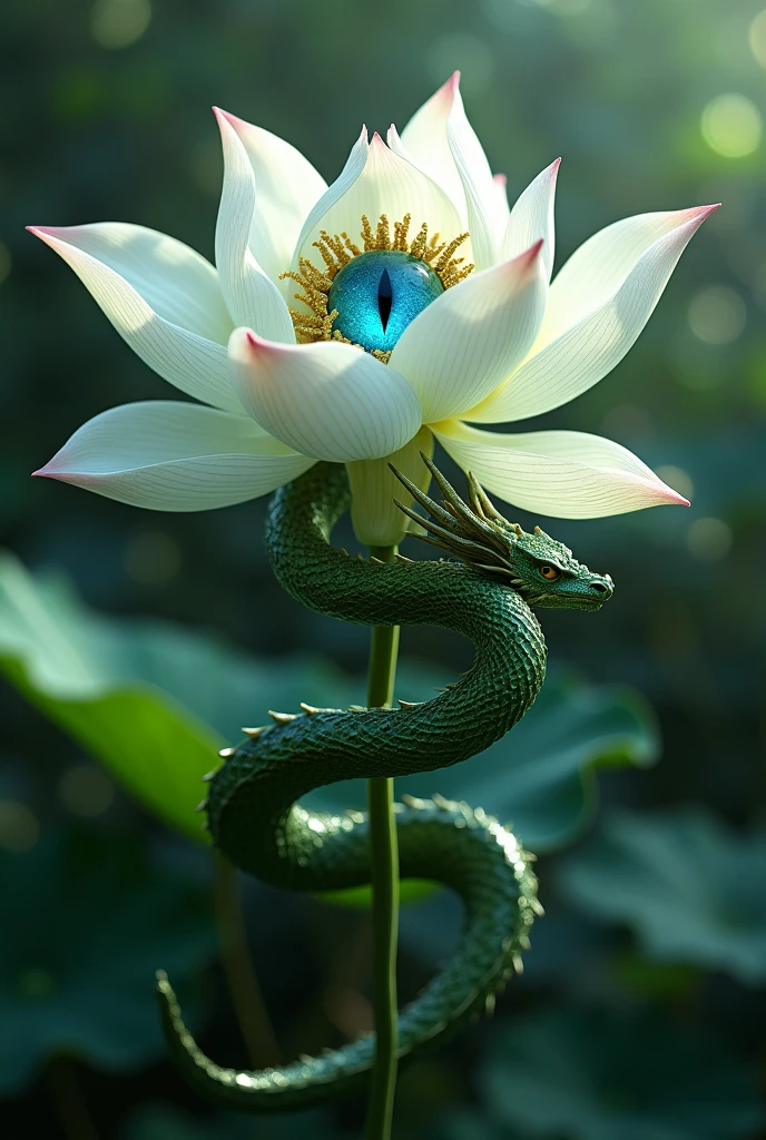 A white lotus flower with green scars and a realistic blue eye and a dragon
