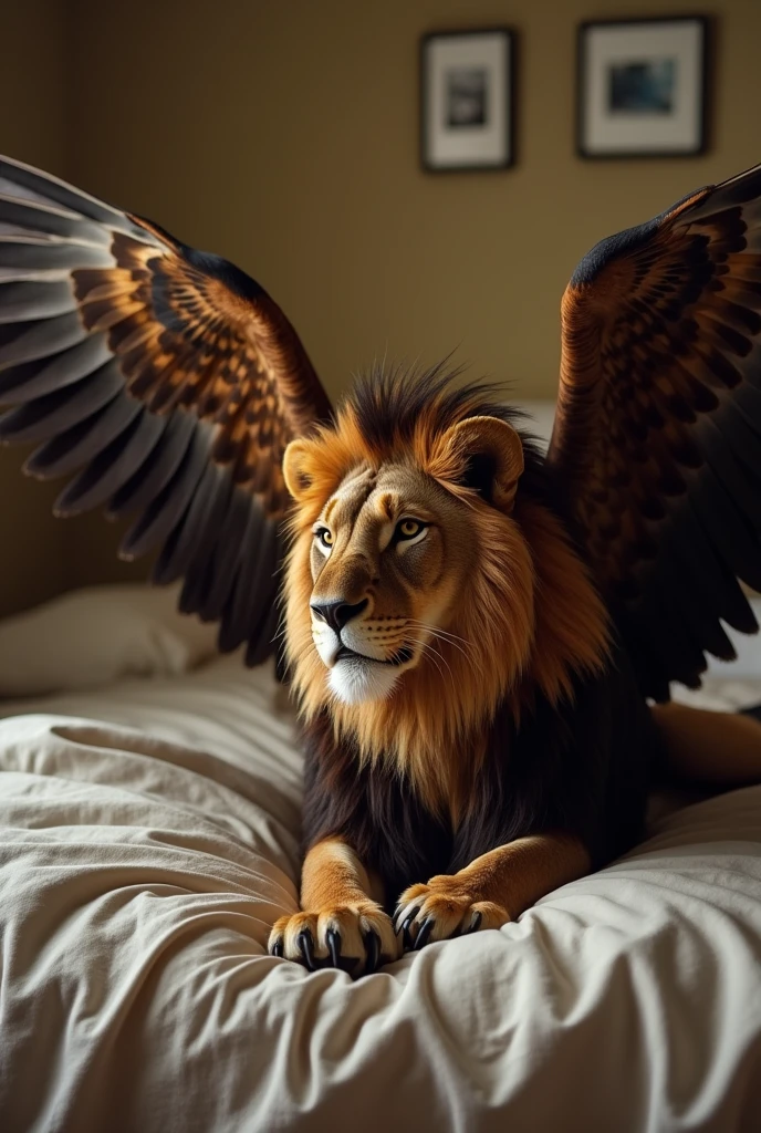 Cinema Style, A scene from selfies,
Lion's body, Eagle's head, Eagle Wings, A Griffon, on bed, bed room, fantasy,