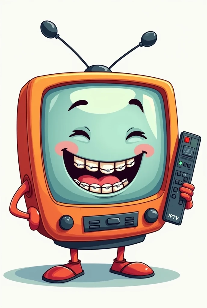 Cartoon style television smiling with braces with two arms holding a remote control with IPTV written on it 