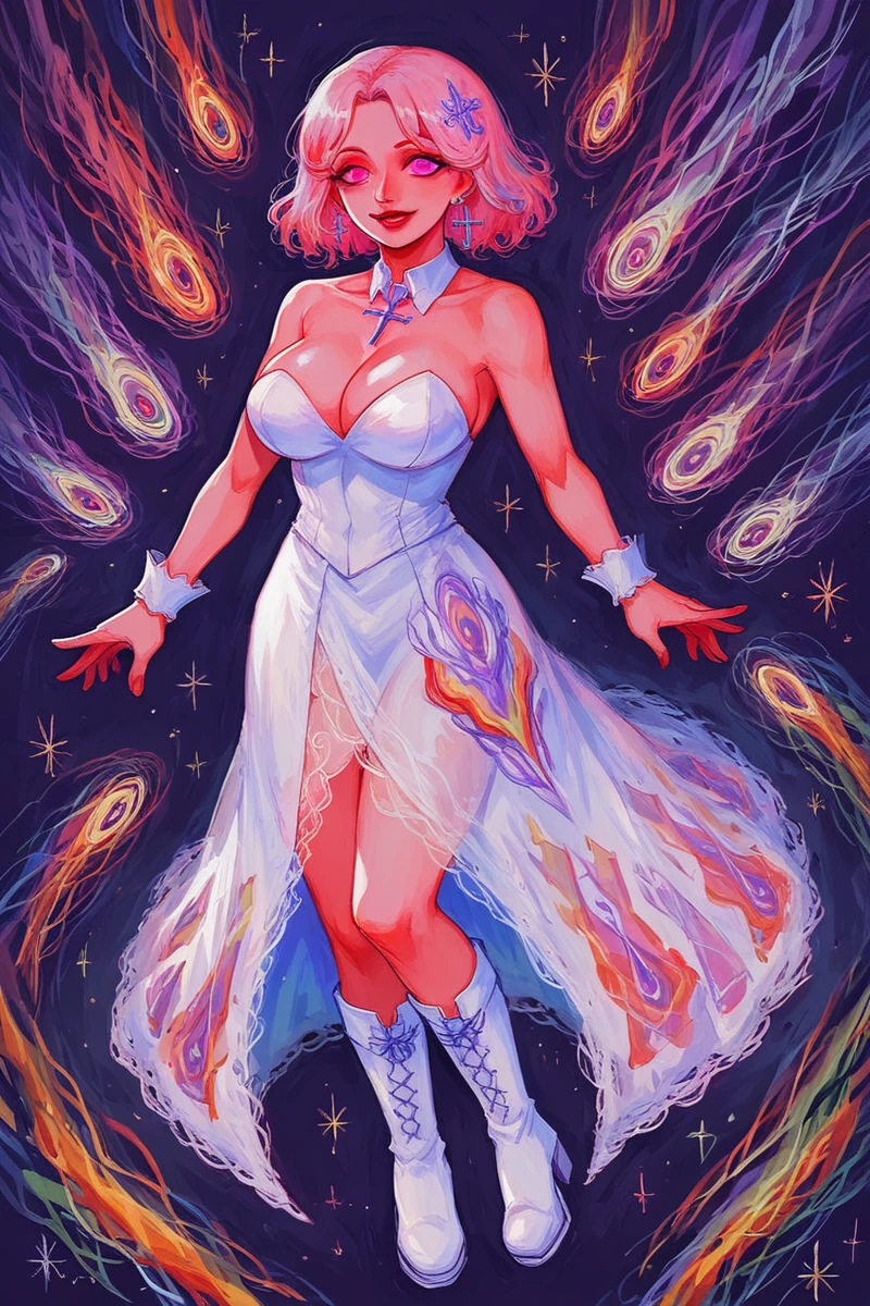 score_9, score_8_up, score_7_up, score_6_up, score_5_up, 1girl, solo masquerade dress, full body
cryborg, colorful, vivid, abstract, Exquisite eyes,Red Eyeshadow, Red lips,cute laugh, Ukiyo-e, masterpiece, high quality, at the lowest limit, Tiny,White boots,Huge breasts,Bare shoulders,,Lace,Lace stockings,Lace skirt, tokyo revengers, Hair color (light lilac)short, lavender eye color, a small cross earring in the left ear, tokyo revengers the nickname twin dragon