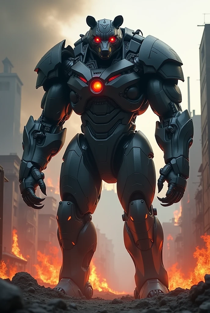 A big and muscular Armor machine style Iron man with URSA form and  black body with the red eyes, claws in arms, Village scenery in flames. 