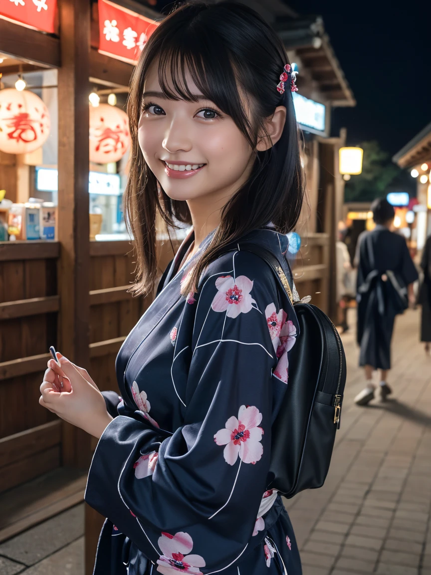 (8k, RAW Photos,Highest quality, High resolution:1.1), (Ultra-realistic:1.4),(Realistic, Realistic:1.3),The Beauty of Japan、1 person、((smile:1.2)),yukata,Touching your hair,hairpin,Drawstring bag,night,Outdoor,Summer festival,Open-air business,Opening a store,firework