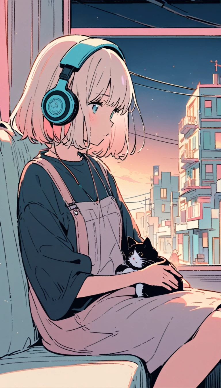 A girl with long, wavy, light-colored hair is sitting on a sofa in a room at dusk, wearing headphones and listening to music. She is dressed casually, wearing a dark shirt or dress under a loose-fitting coat. Nearby, there is a cute cat. The background shows a street with buildings and utility poles, depicted with clean, minimal lines and pastel colors. The overall color palette is soft and bright, giving the image a calm and relaxed atmosphere, reminiscent of a lo-fi world.