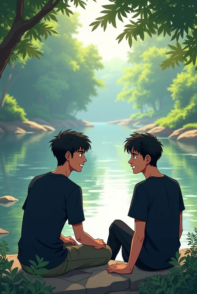 Two anime man wearing black shirt one name is abhay and one name is deepak siting bhind the river