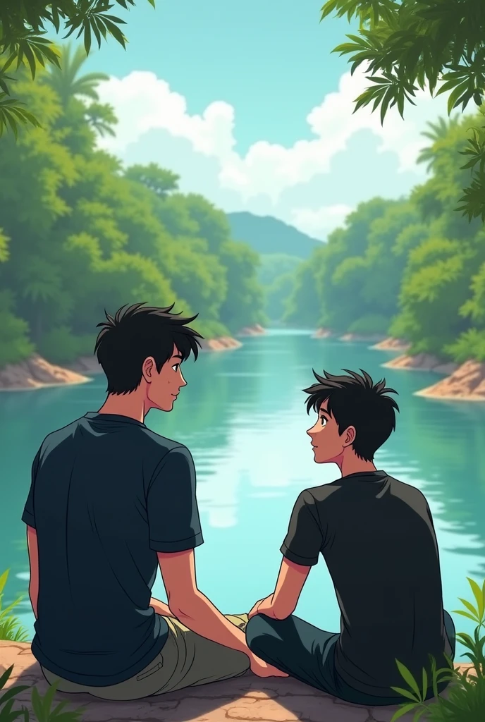 Two anime man wearing black shirt one name is abhay and one name is deepak siting bhind the river