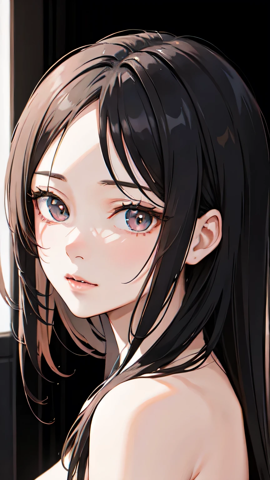 ((mejor calidad)), ((Obra maestra)), (detallado), Detailed Background、(Beautiful face in every detail:1.4)、Anatomically correct、(Draw the usual number of fingers:1.2)、(Detailed facial expressions)、(Detailed eyes:1.2), perfect face , young, long hair, ojos rojos, pale skin, asian factions, 19 years, esbelta, busto mediano, bonitas curvas, estilo anime, elegante, only character in the image, red eyes, in love with the viewer, Perfect body line, black hair, lingerie, lie on bed, waiting for you