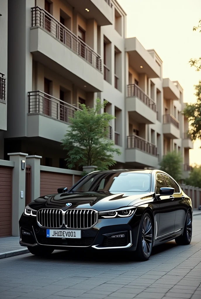 Bmw 720 d luxury line with JH01EV001 NO. PLATE BESIDE INDian flat